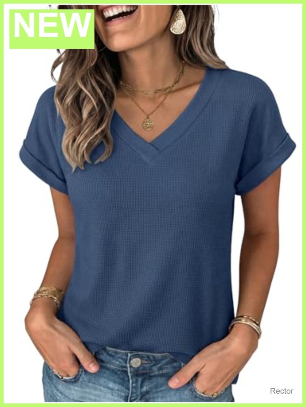 Waffle Knit V Neck Short Sleeve T Shirt Casual Summer Top